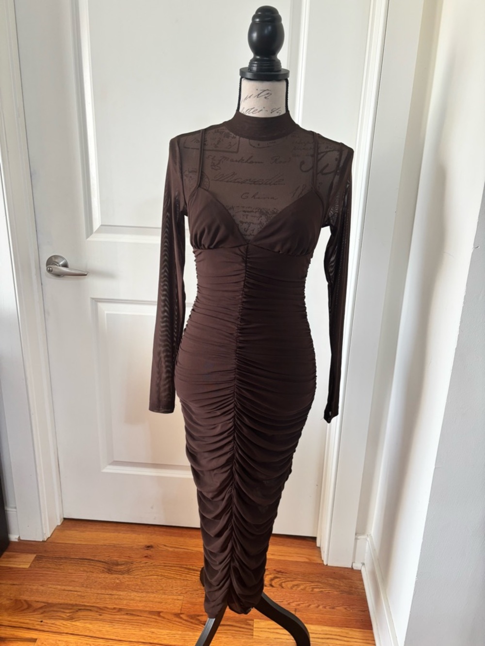 Long-Sleeve Ruched Midi Dress in Brown